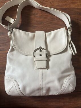 Women's Cream Leather Shoulder Bag with Buckle Detail